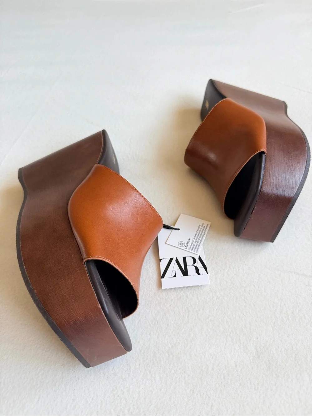 New ZARA Cognac Brown Leather Platform